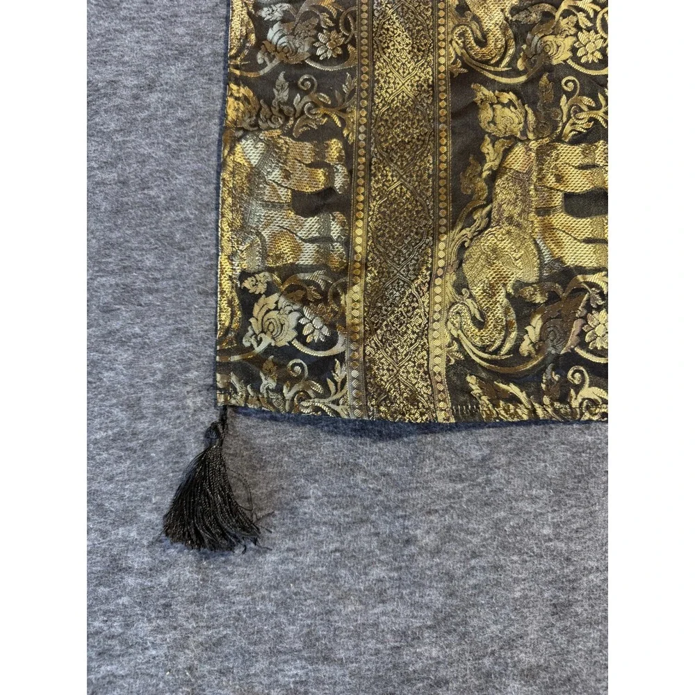 Thai Elephant Silk Blend Tapestry Scarf Gold Black Woven Tassel 69x40